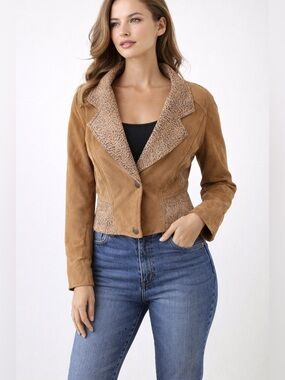 Adler Tan Suede-Look Jacket Leopard Print Trim Tailored Blazer Size M